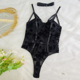 1pc Ditsy Floral Sexy See-Through Crop Top Deep V Low Cut Bodycon Bodysuit