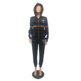 Casual Embossed Ribbon Embroidery Hooded Sweatshirt Pant Set