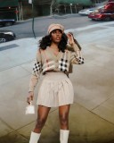 Plaid Knit V Neck Cardigan Sweater