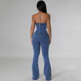 Sexy Bandeau Backless Adjustable Drawstring Denim Jumpsuit