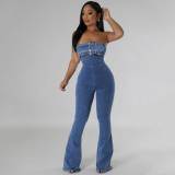 Sexy Bandeau Backless Adjustable Drawstring Denim Jumpsuit
