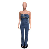 Sexy Bandeau Backless Adjustable Drawstring Denim Jumpsuit