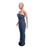 Sexy Bandeau Backless Adjustable Drawstring Denim Jumpsuit