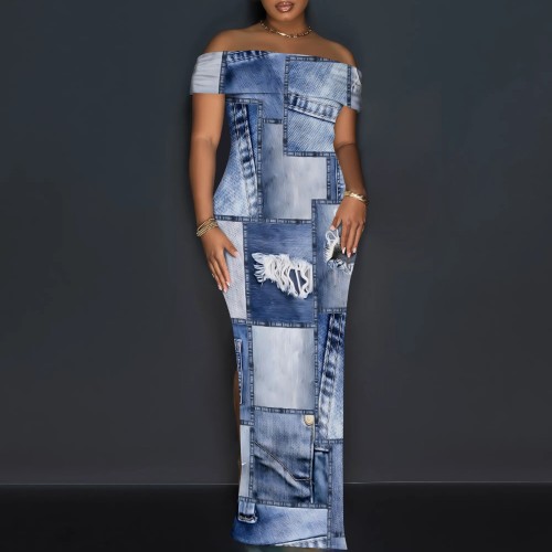 1 Piece Custom Casual Digital Printing Off Shoulder Maxi Dress