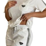 Women's Embossed Short Sleeve Shorts Set with Pockets