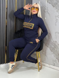 Hot Stamping Casual Long Sleeve High Neck Sweatshirt + Trousers