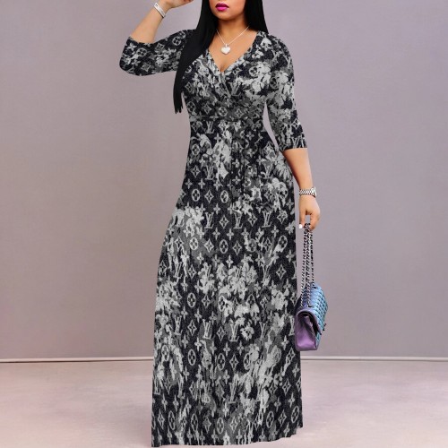 1 Piece Custom Casual Digital Printing Long Sleeve V Neck Long Dresses