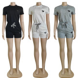 Women's Embossed Short Sleeve Shorts Set with Pockets