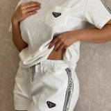 Women's Embossed Short Sleeve Shorts Set with Pockets
