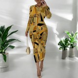 1 Piece Custom Casual Digital Printing Long Sleeve Midi Dresses
