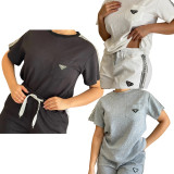 Women's Embossed Short Sleeve Shorts Set with Pockets