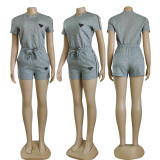 Women's Embossed Short Sleeve Shorts Set with Pockets