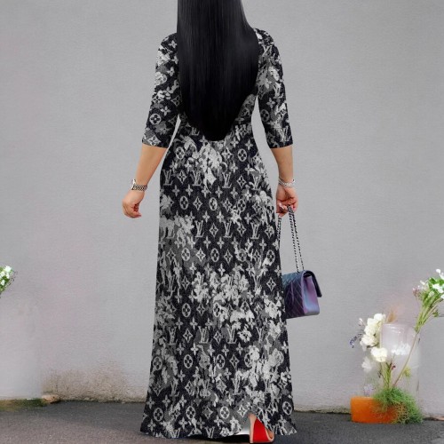 1 Piece Custom Casual Digital Printing Long Sleeve V Neck Long Dresses