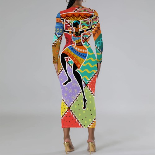 1 Piece Custom Casual Digital Printing Long Sleeve Midi Dresses