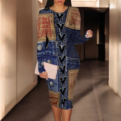 1 Piece Custom Casual Digital Printing High Neck Mid Dress