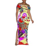 1 Piece Custom Casual Digital Printing Off Shoulder Split Long Dress