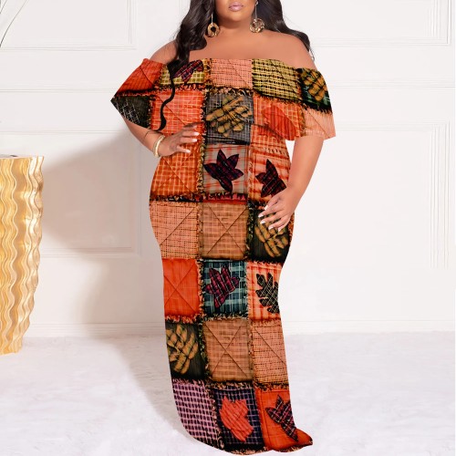 1 Piece Custom Casual Digital Printing Off Shoulder Plus Size Long Dress