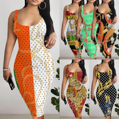 1 Piece Custom Casual Digital Printing Sleeveless Midi Dresses