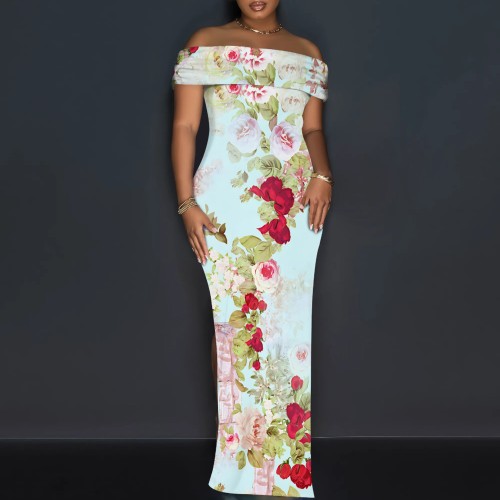 1 Piece Custom Casual Digital Printing Off Shoulder Split Long Dress