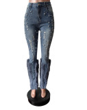 Women Beaded Bell Bottom Jeans Fluffy Feather Ripped Stretch Denim Pants