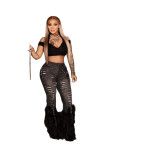 Women Beaded Bell Bottom Jeans Fluffy Feather Ripped Stretch Denim Pants