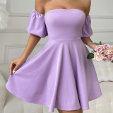 Lavender Solid Off Shoulder Puff Sleeve Tie Backless Dress