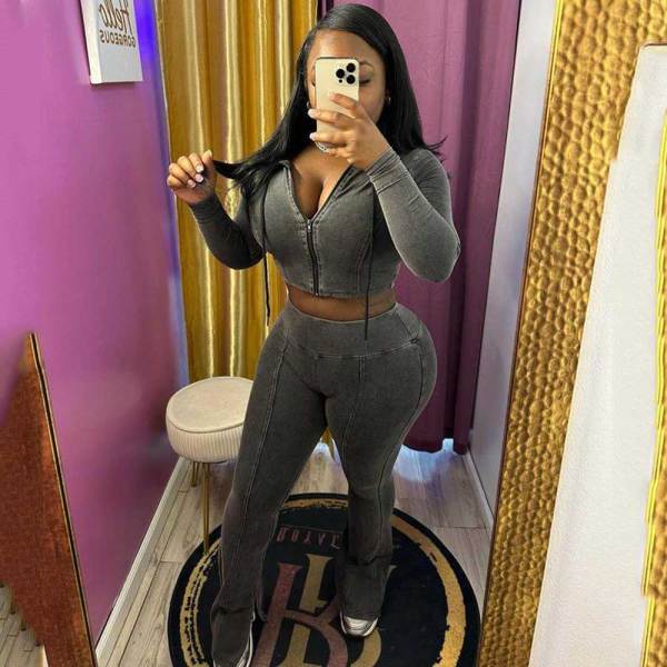 Solid Color Distressed Women's Slit Trousers Set