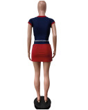 Casual Printed Striped Trim V Neck Jerseys Skirt Sets