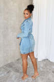 Fake Two Piece Long Sleeve Button Up Denim Cutout Wrap Mini Dress