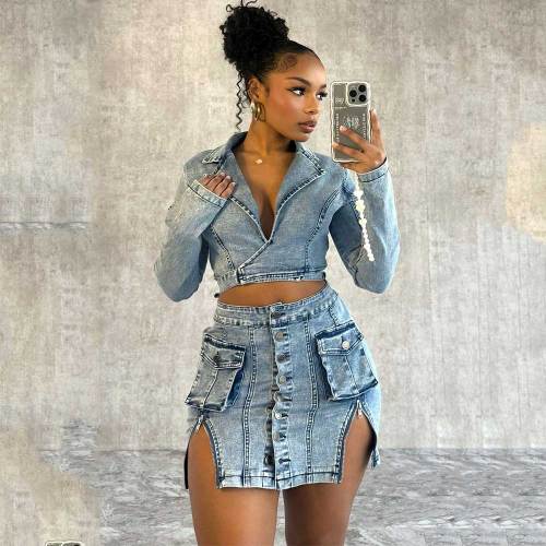Fake Two Piece Long Sleeve Button Up Denim Cutout Wrap Mini Dress