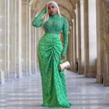 Solid Long Sleeve Mesh Top & Pleated Long Skirt