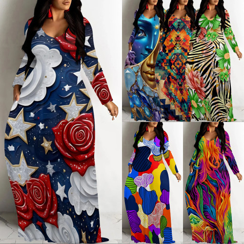 1 Piece Custom Casual Digital Printing V Neck Maxi Dresses
