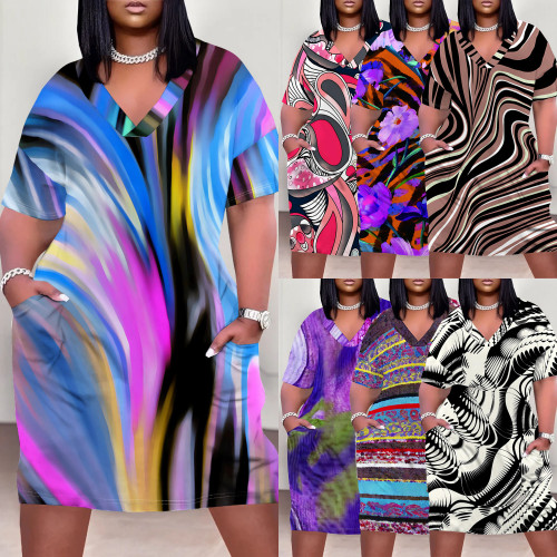 1 Piece Custom Casual Digital Printing V Neck Plus Size Midi Dresses