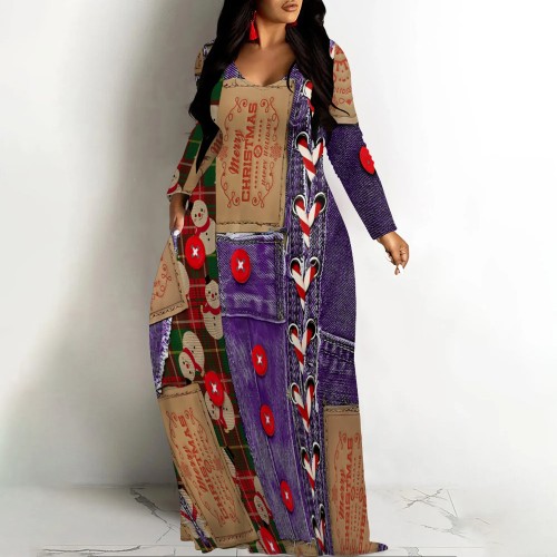 1 Piece Custom Casual Digital Printing V Neck Plus Size Maxi Dresses