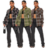 Casual Button Frayed Long Plaid Shirt with Pocket