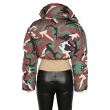 Vintage Camouflage Print Zip Up Crop Stand Collar Quilted Cotton Jacket