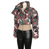 Vintage Camouflage Print Zip Up Crop Stand Collar Quilted Cotton Jacket