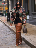 Vintage Camouflage Print Zip Up Crop Stand Collar Quilted Cotton Jacket
