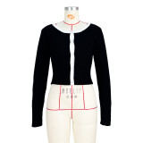 Women's Colorblock Crewneck Long Sleeve Button Down Crop Tee Tops