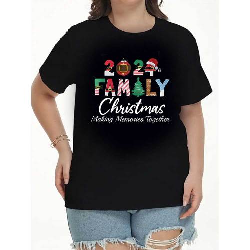 1 Piece Custom Black Casual Short Sleeve Christmas Print T-shirt