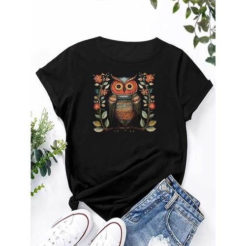 1 Piece Custom Black Casual Short Sleeve Owl Print T-shirt