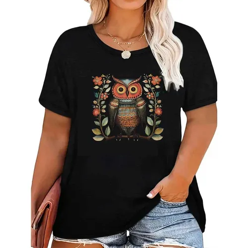 1 Piece Custom Black Casual Short Sleeve Owl Print T-shirt