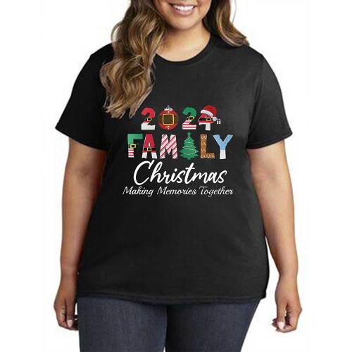 1 Piece Custom Black Casual Short Sleeve Christmas Print T-shirt