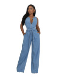 Tight Stretch Washed Denim Straight Loose Jumpsuit