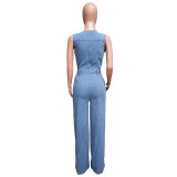 Tight Stretch Washed Denim Straight Loose Jumpsuit