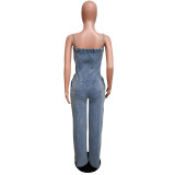 Sexy Straps Denim Wide Leg Pants Jumpsuit