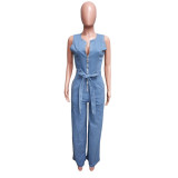 Tight Stretch Washed Denim Straight Loose Jumpsuit