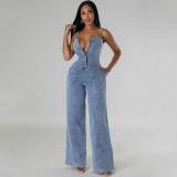 Sexy Straps Denim Wide Leg Pants Jumpsuit