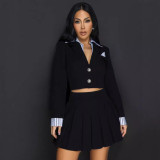 Pleated Skirt Sets Women Elegant Fake Two Tops and Skirt Blazer Sets