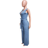 Tight Stretch Washed Denim Straight Loose Jumpsuit